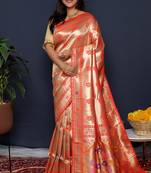 Rose gold silk blend saree with red floral zari weaving & rich brocade pallu