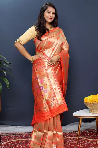 Rose gold silk blend saree with red floral zari weaving & rich brocade pallu