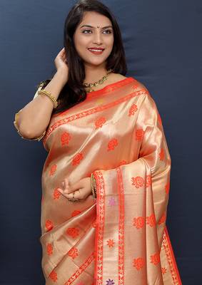 Rose gold silk blend saree with red floral zari weaving & rich brocade pallu 3