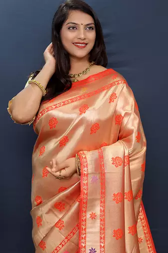 Rose gold silk blend saree with red floral zari weaving & rich brocade pallu