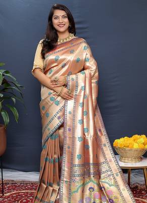 Rose gold silk blend saree with teal floral zari weaving & rich brocade pallu 1