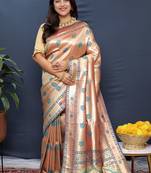 Rose gold silk blend saree with teal floral zari weaving & rich brocade pallu