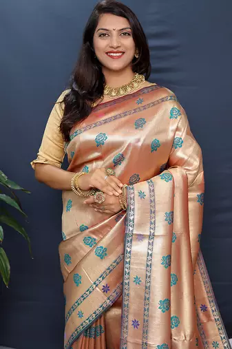 Rose gold silk blend saree with teal floral zari weaving & rich brocade pallu