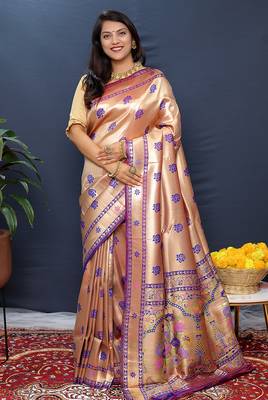 Rose gold silk blend saree with purple floral zari weaving & rich brocade pallu 1