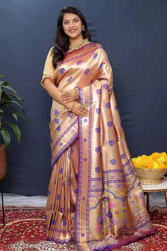 Rose gold silk blend saree with purple floral zari weaving & rich brocade pallu