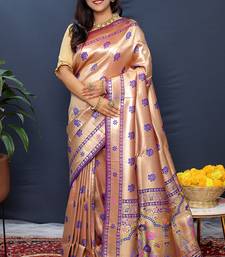 Rose gold silk blend saree with purple floral zari weaving & rich brocade pallu