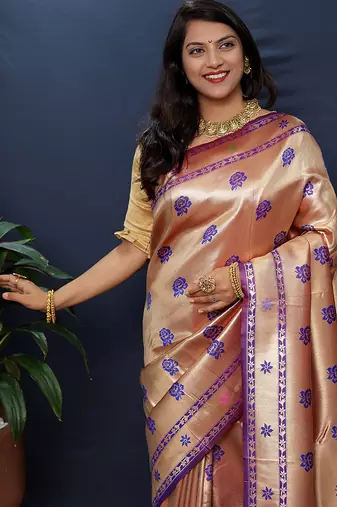Rose gold silk blend saree with purple floral zari weaving & rich brocade pallu