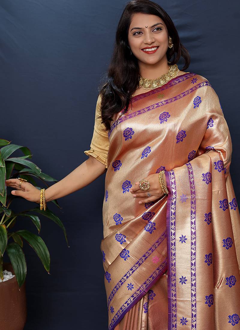 Rose gold silk blend saree with purple floral zari weaving & rich brocade pallu