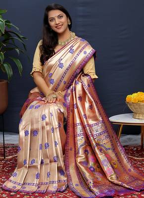 Rose gold silk blend saree with purple floral zari weaving & rich brocade pallu 3
