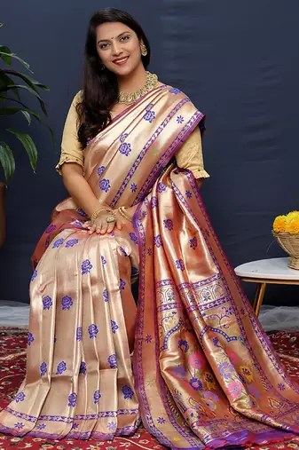 Rose gold silk blend saree with purple floral zari weaving & rich brocade pallu
