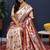 Rose gold silk blend saree with purple floral zari weaving & rich brocade pallu