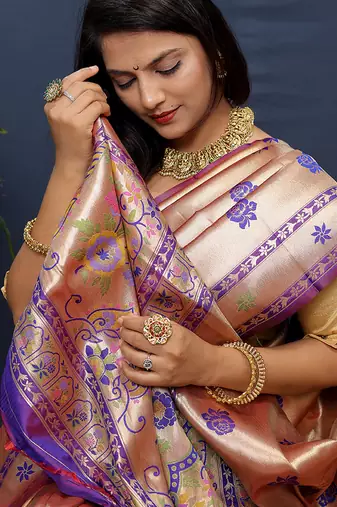 Rose gold silk blend saree with purple floral zari weaving & rich brocade pallu