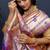 Rose gold silk blend saree with purple floral zari weaving & rich brocade pallu
