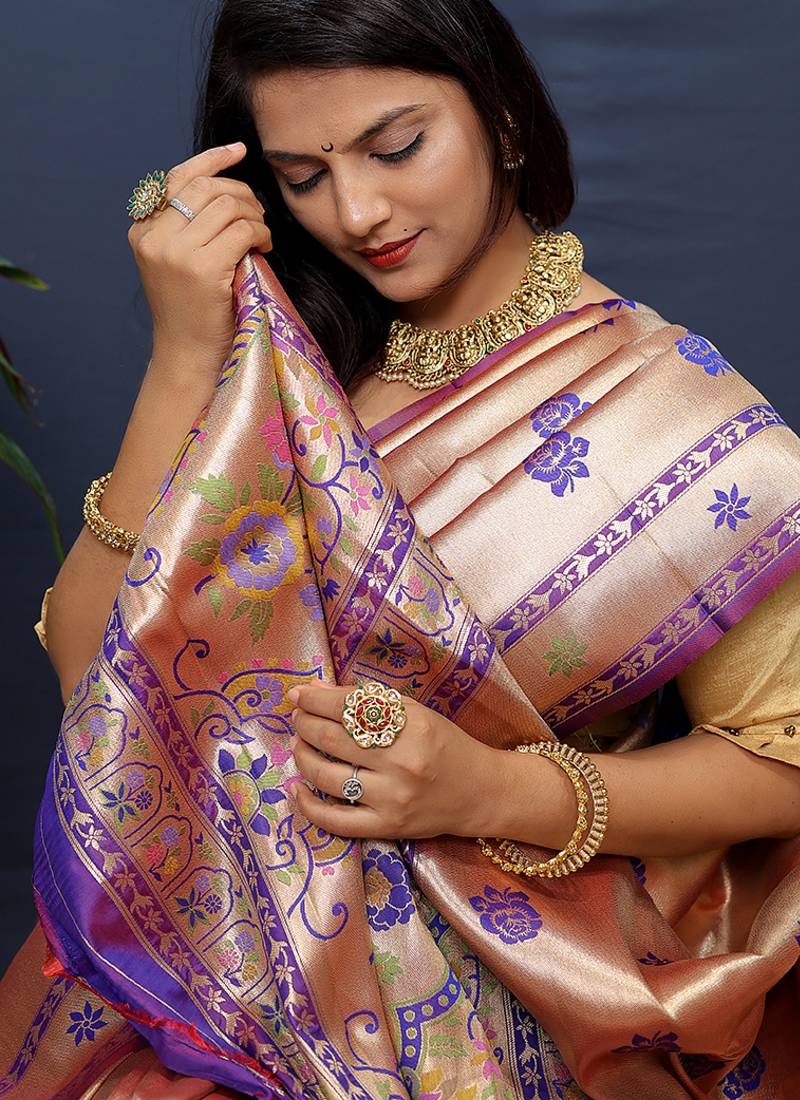 Rose gold silk blend saree with purple floral zari weaving & rich brocade pallu
