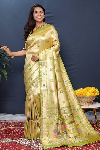 Beige gold silk blend saree with light green floral zari weaving & rich brocade pallu