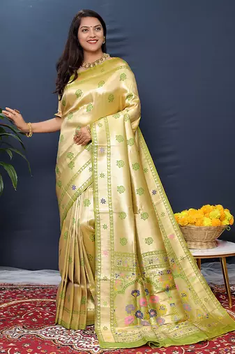 Beige gold silk blend saree with light green floral zari weaving & rich brocade pallu
