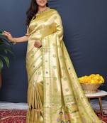 Beige gold silk blend saree with light green floral zari weaving & rich brocade pallu