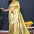 Beige gold silk blend saree with light green floral zari weaving & rich brocade pallu