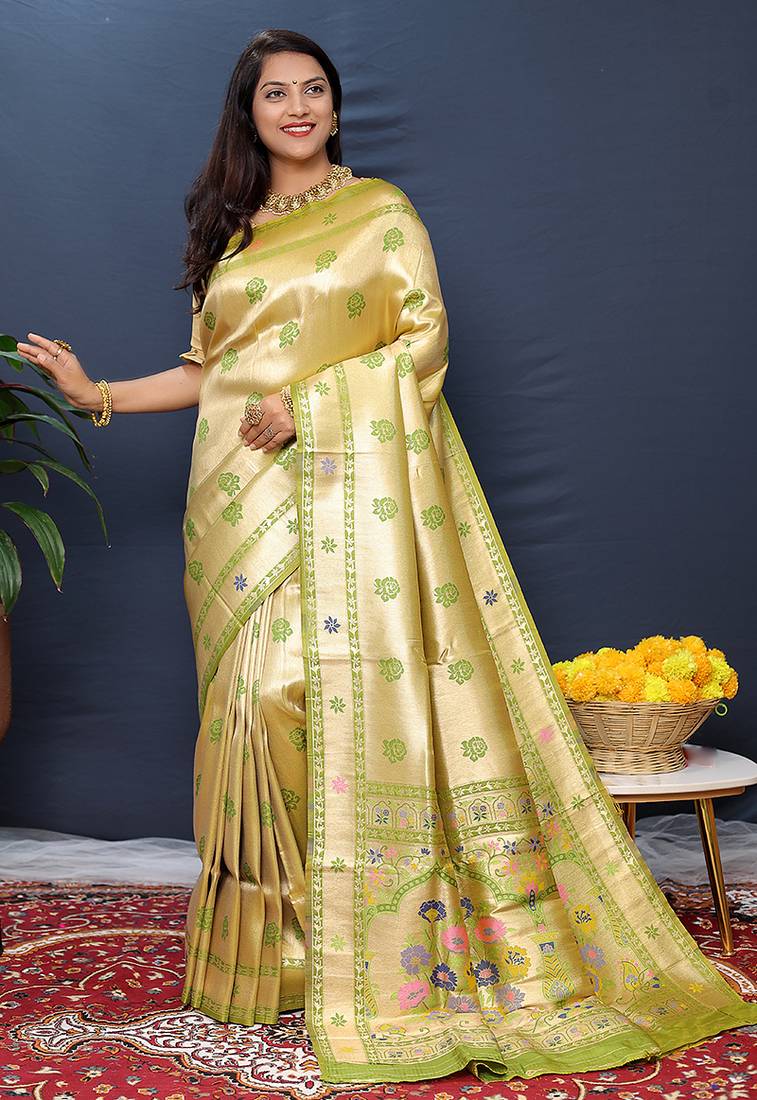 Beige gold silk blend saree with light green floral zari weaving & rich brocade pallu