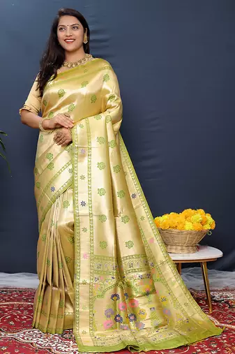 Beige gold silk blend saree with light green floral zari weaving & rich brocade pallu