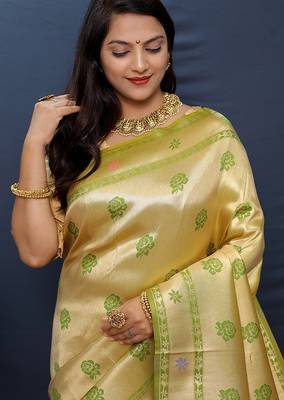 Beige gold silk blend saree with light green floral zari weaving & rich brocade pallu 3