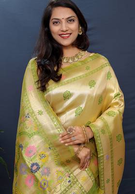 Beige gold silk blend saree with light green floral zari weaving & rich brocade pallu 4