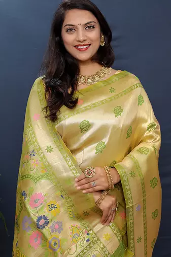 Beige gold silk blend saree with light green floral zari weaving & rich brocade pallu