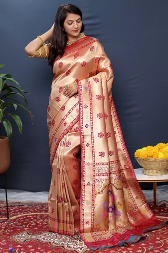 Rose gold silk blend saree with crimson red floral zari weaving & rich brocade pallu