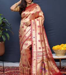 Rose gold silk blend saree with crimson red floral zari weaving & rich brocade pallu
