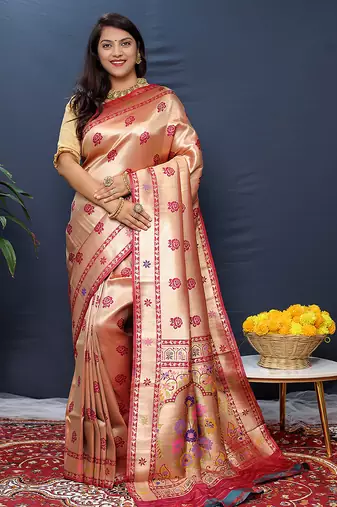 Rose gold silk blend saree with crimson red floral zari weaving & rich brocade pallu