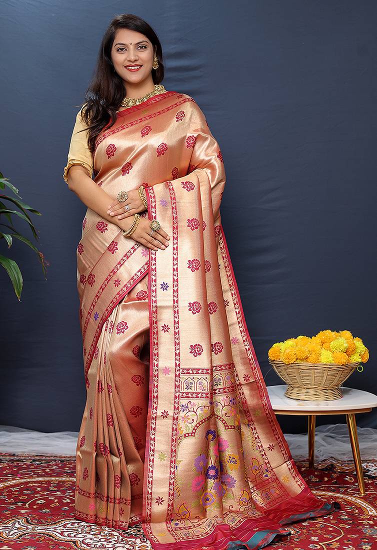 Rose gold silk blend saree with crimson red floral zari weaving & rich brocade pallu