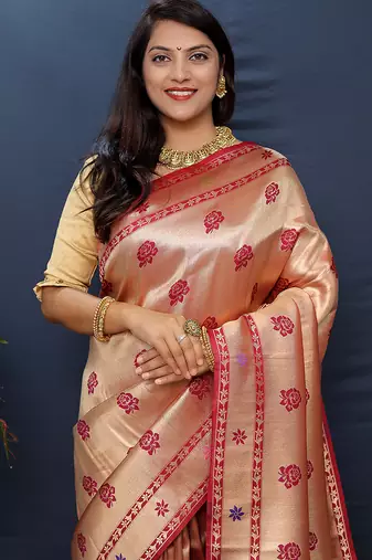Rose gold silk blend saree with crimson red floral zari weaving & rich brocade pallu