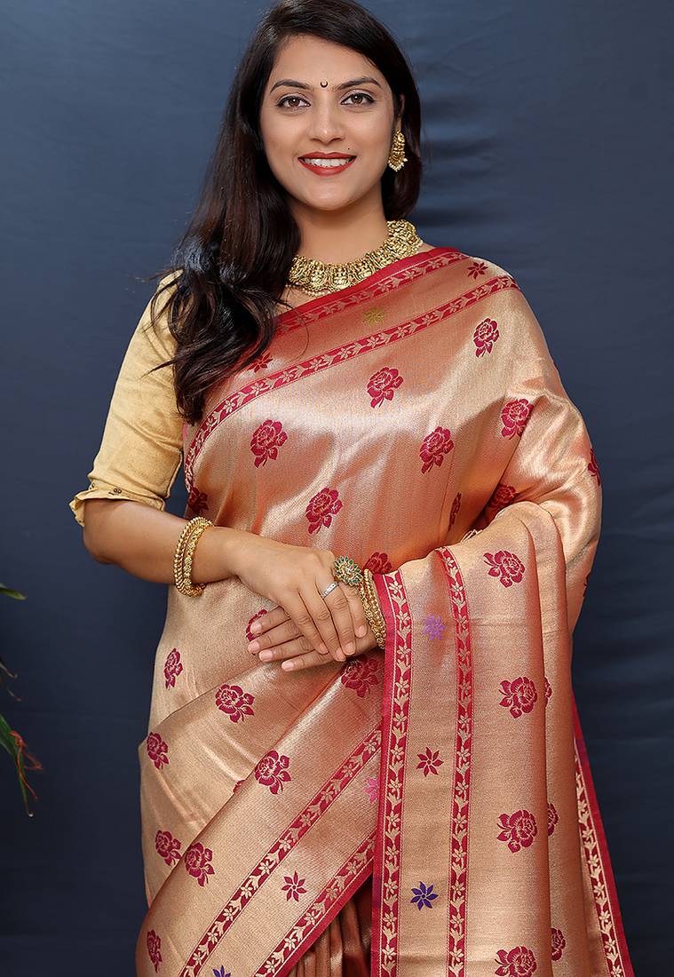 Rose gold silk blend saree with crimson red floral zari weaving & rich brocade pallu