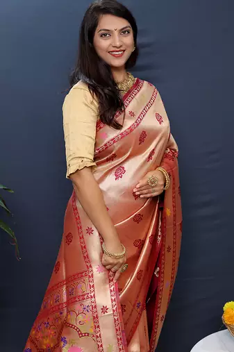 Rose gold silk blend saree with crimson red floral zari weaving & rich brocade pallu