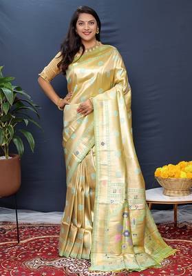 Beige gold silk blend saree with cyan floral zari weaving & rich brocade pallu 1