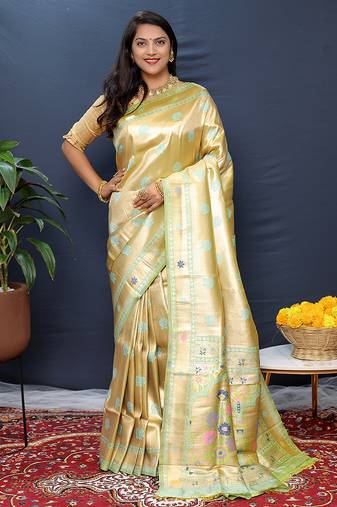 Beige gold silk blend saree with cyan floral zari weaving & rich brocade pallu