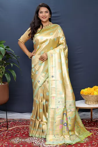 Beige gold silk blend saree with cyan floral zari weaving & rich brocade pallu