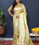 Beige gold silk blend saree with cyan floral zari weaving & rich brocade pallu