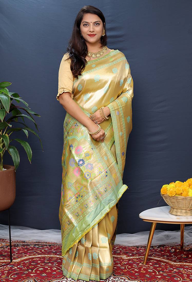 Beige gold silk blend saree with cyan floral zari weaving & rich brocade pallu