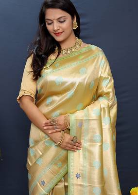 Beige gold silk blend saree with cyan floral zari weaving & rich brocade pallu 3