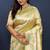 Beige gold silk blend saree with cyan floral zari weaving & rich brocade pallu