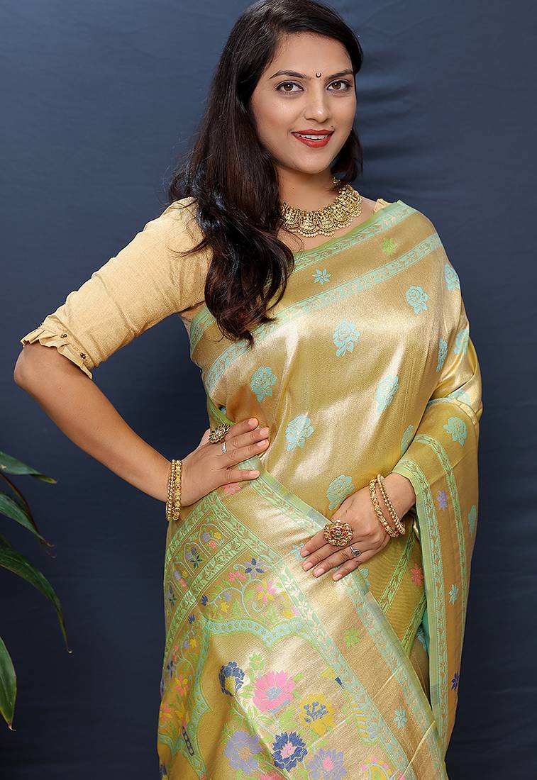 Beige gold silk blend saree with cyan floral zari weaving & rich brocade pallu