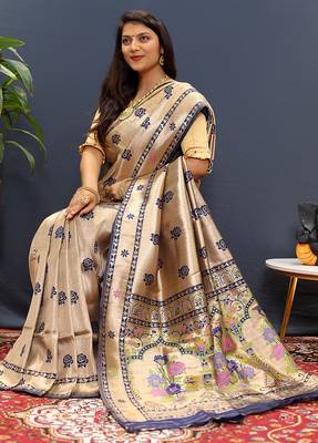 Beige gold silk blend saree with navy blue floral zari weaving & rich brocade pallu 1