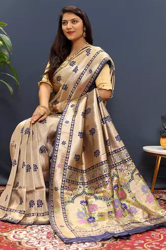 Beige gold silk blend saree with navy blue floral zari weaving & rich brocade pallu