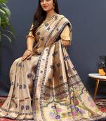 Beige gold silk blend saree with navy blue floral zari weaving & rich brocade pallu