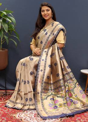 Beige gold silk blend saree with navy blue floral zari weaving & rich brocade pallu 2