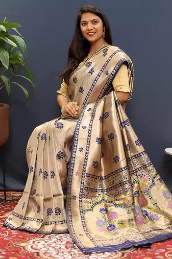Beige gold silk blend saree with navy blue floral zari weaving & rich brocade pallu