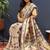 Beige gold silk blend saree with navy blue floral zari weaving & rich brocade pallu