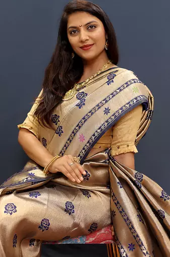 Beige gold silk blend saree with navy blue floral zari weaving & rich brocade pallu