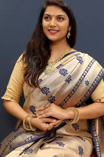 Beige gold silk blend saree with navy blue floral zari weaving & rich brocade pallu